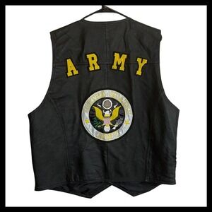 Leather USA Mens 3XL US Army Patch Biker Vest Black Snap Front Leather Jacket